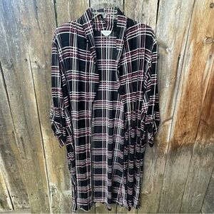 Siren Lily Black and Dark Pink Plaid Open Front Long Cardigan Sz. 2X